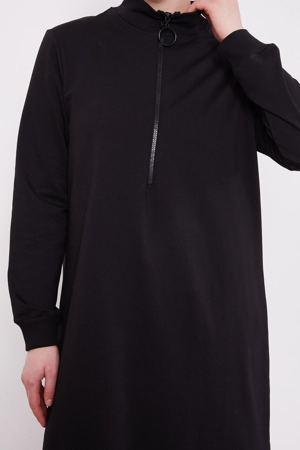 LevidorSiyah Dik Yaka Fermuar Kapamalı Penye Tunik