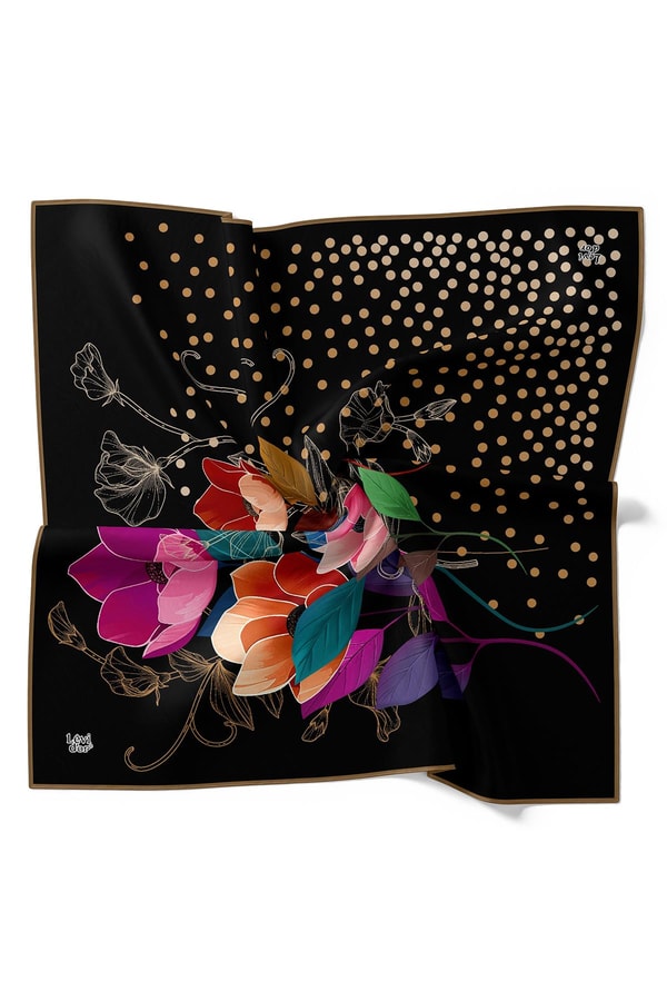 LevidorSiyah Lotus Çiçek Desen Twill İpek Eşarp