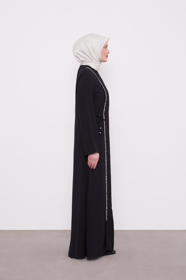 LevidorSiyah Yanları İp Bağlamalı Taş İşlemeli Ferace