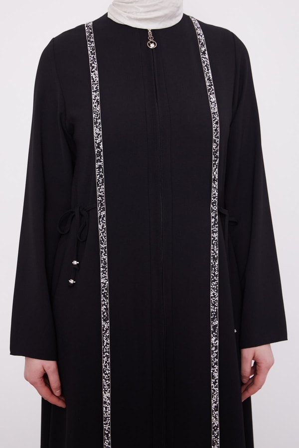 LevidorSiyah Yanları İp Bağlamalı Taş İşlemeli Ferace