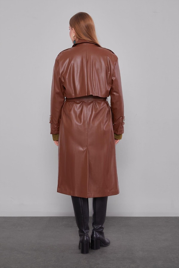 LevidorTaba Midi Boy Kuşaklı Deri Trençkot