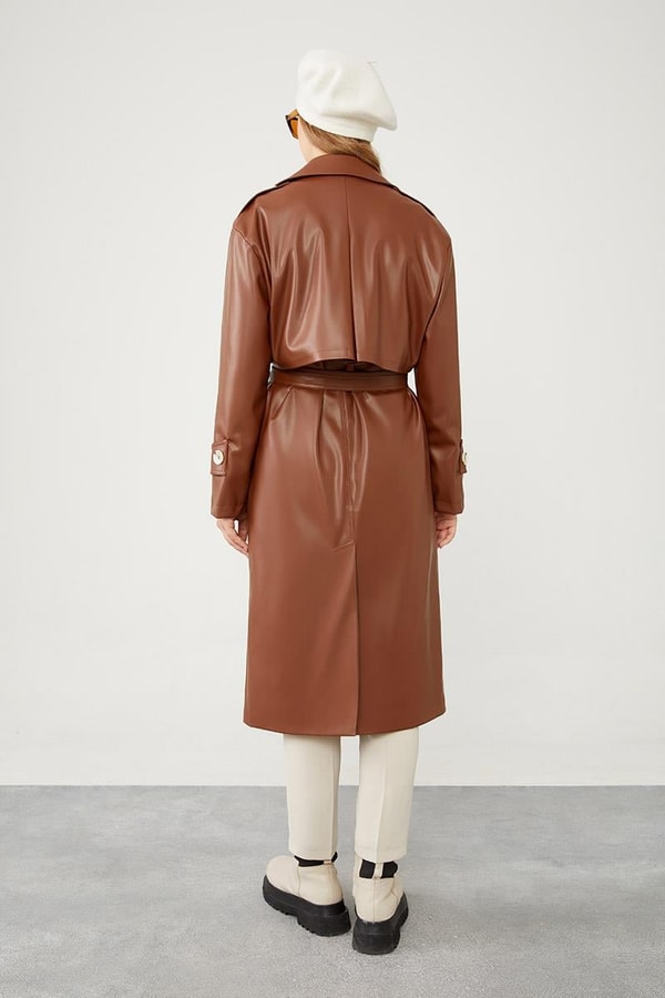 LevidorTaba Midi Boy Kuşaklı Deri Trençkot