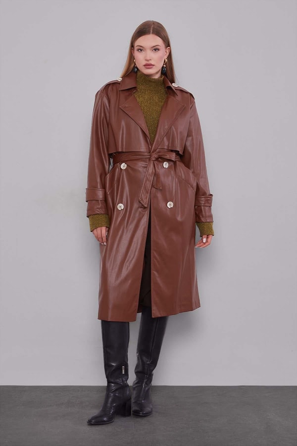 LevidorTaba Midi Boy Kuşaklı Deri Trençkot