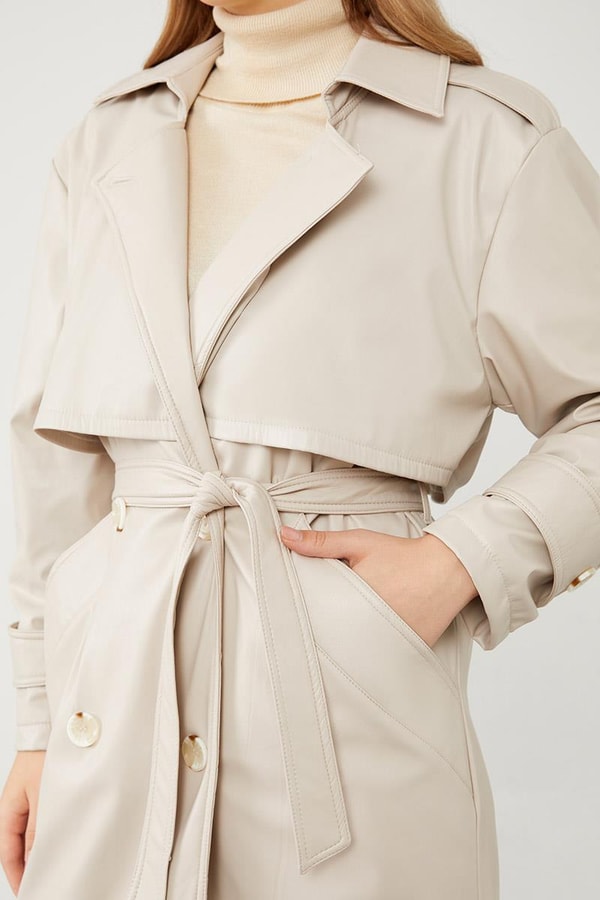 LevidorTaş Midi Boy Kuşaklı Deri Trençkot