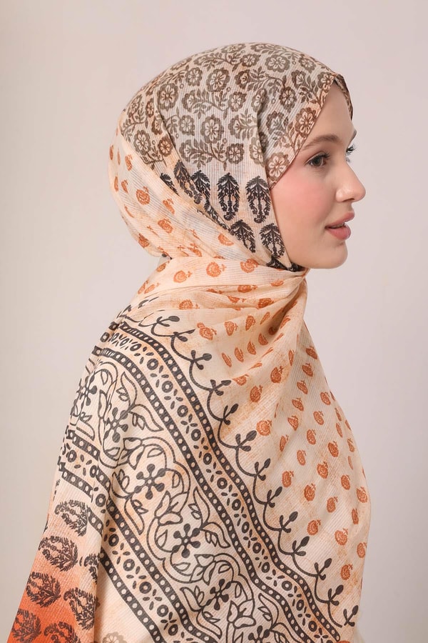 LevidorTuruncu Yaprak Desen Pamuk Şal
