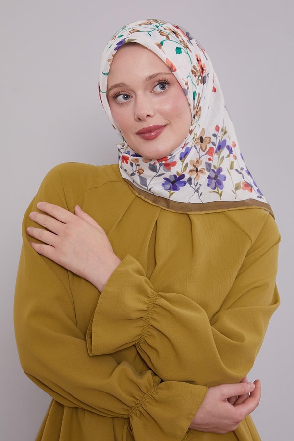 LevidorYağ Yeşili Çiçek Dalı Desen Soft Eşarp