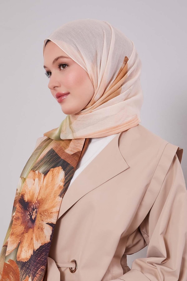 LevidorYavruağzı Çiçekli Çizgili  Pamuk Şal