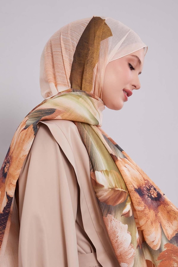 LevidorYavruağzı Çiçekli Çizgili  Pamuk Şal