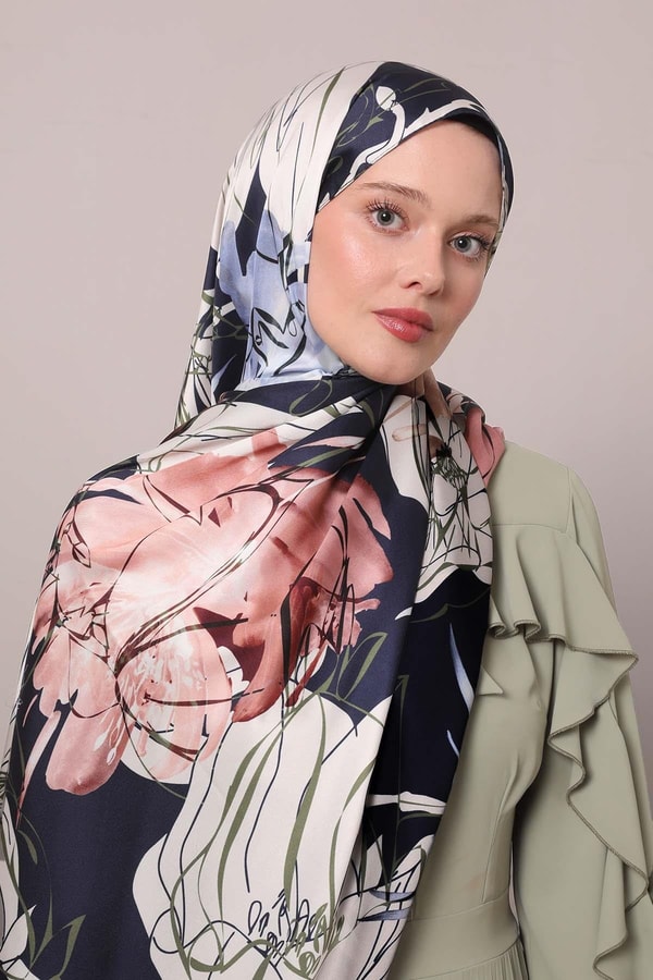 LevidorYeşil Soyut Çiçek Desen Twill Şal