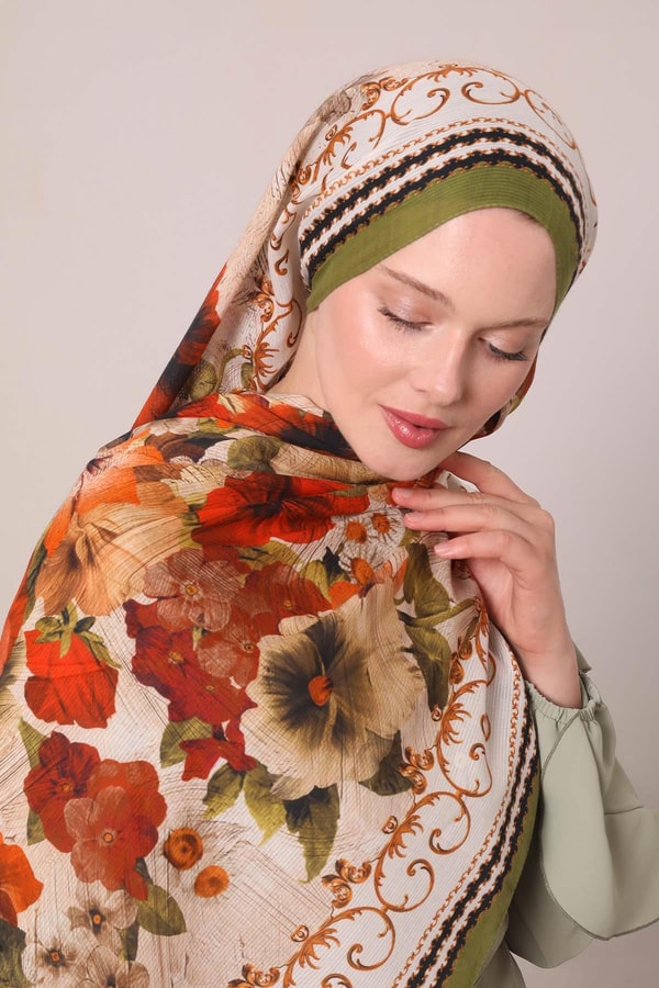 LevidorYeşil Varak Desen Pamuk Eşarp