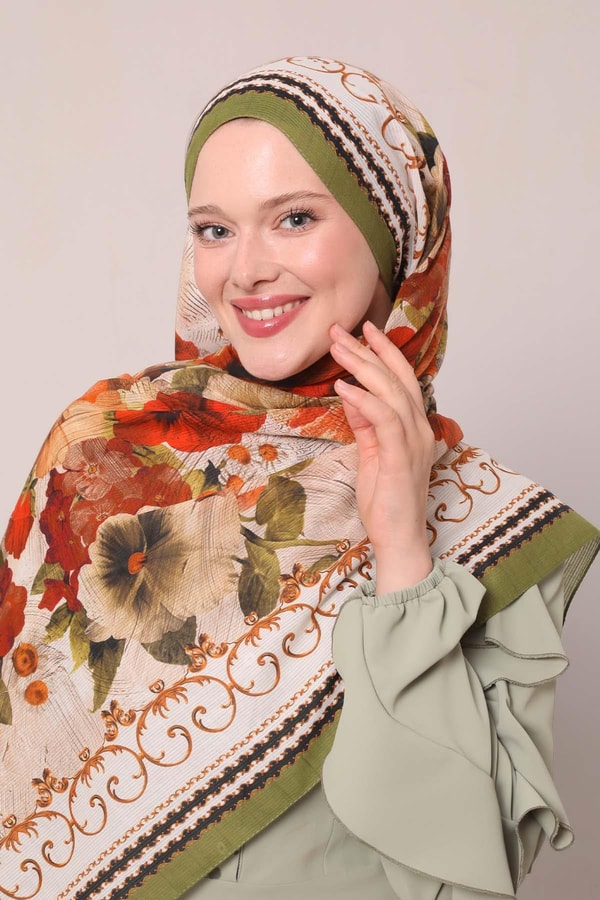 LevidorYeşil Varak Desen Pamuk Eşarp