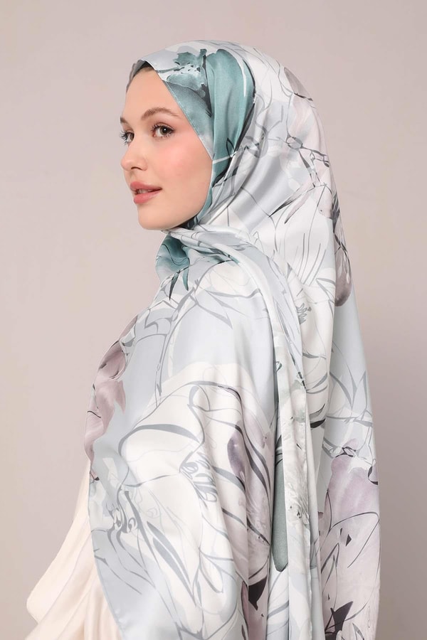 LevidorYosun Yeşili Soyut Çiçek Desen Twill Şal