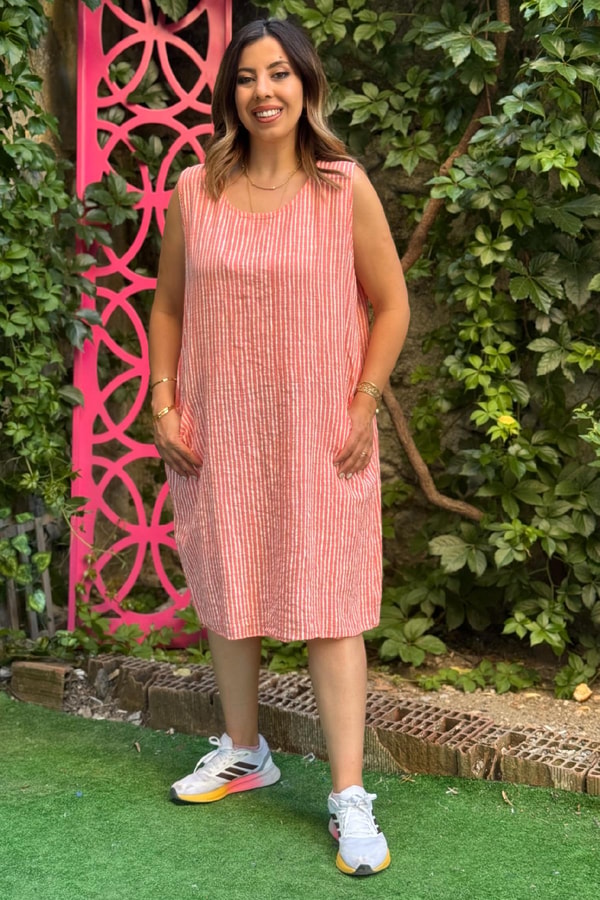 %100 Keten Boyuna Çizgili Kısa Kollu İthal Elbise Pembe
