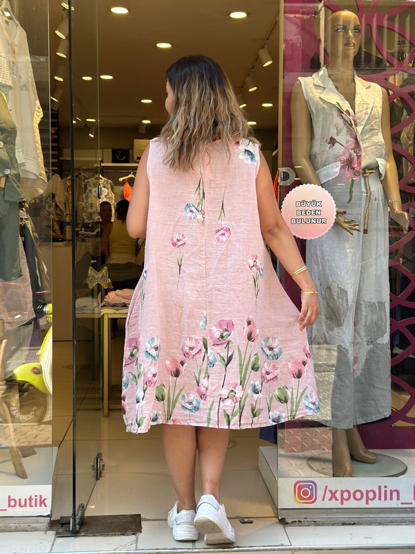 %100 Keten Çiçek Desenli Kolsuz İthal Elbise Pembe