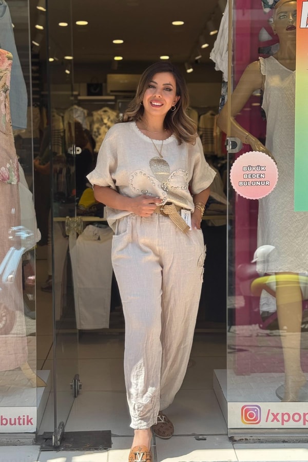 %100 Keten Çiçek Desenli İthal Bluz Krem