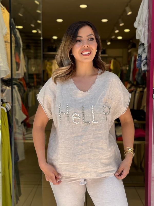 %100 Keten Hello İthal Bluz Krem