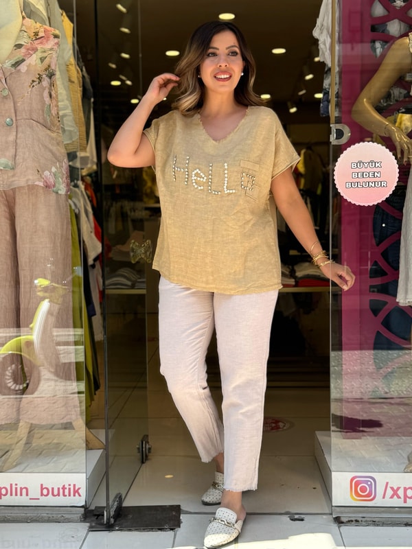%100 Keten Hello İthal Bluz Sarı