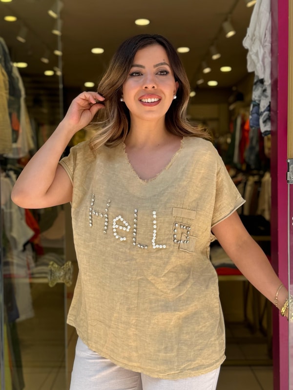 %100 Keten Hello İthal Bluz Sarı