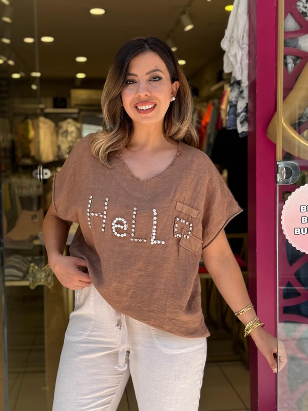 %100 Keten Hello İthal Bluz Taba