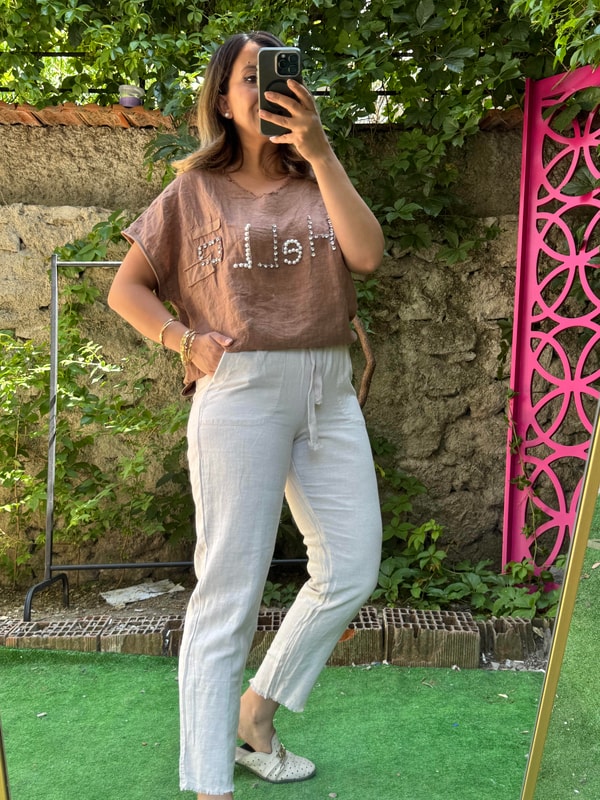 %100 Keten Hello İthal Bluz Taba