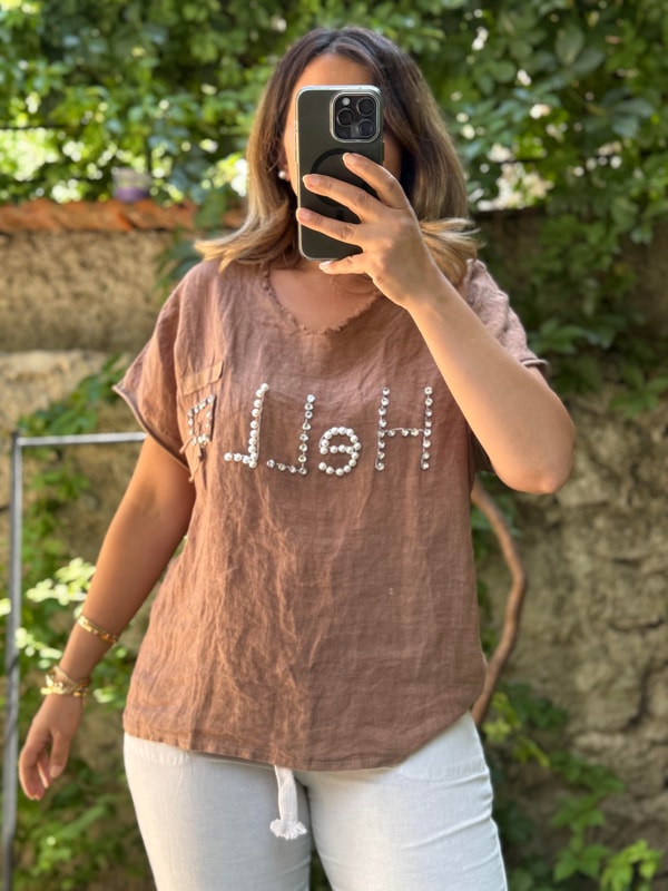 %100 Keten Hello İthal Bluz Taba