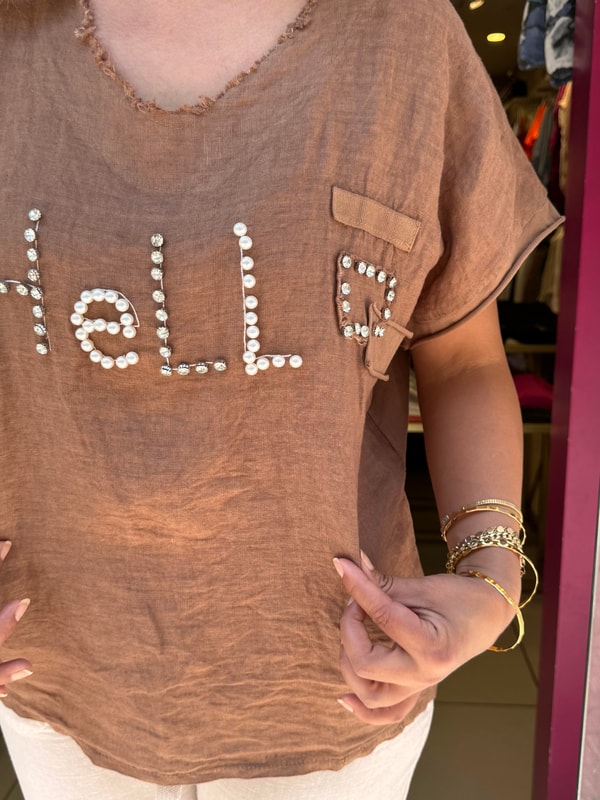 %100 Keten Hello İthal Bluz Taba