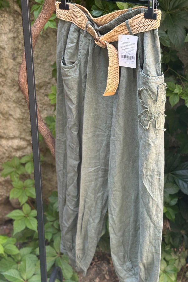 %100 Keten Kemerli İthal Pantolon