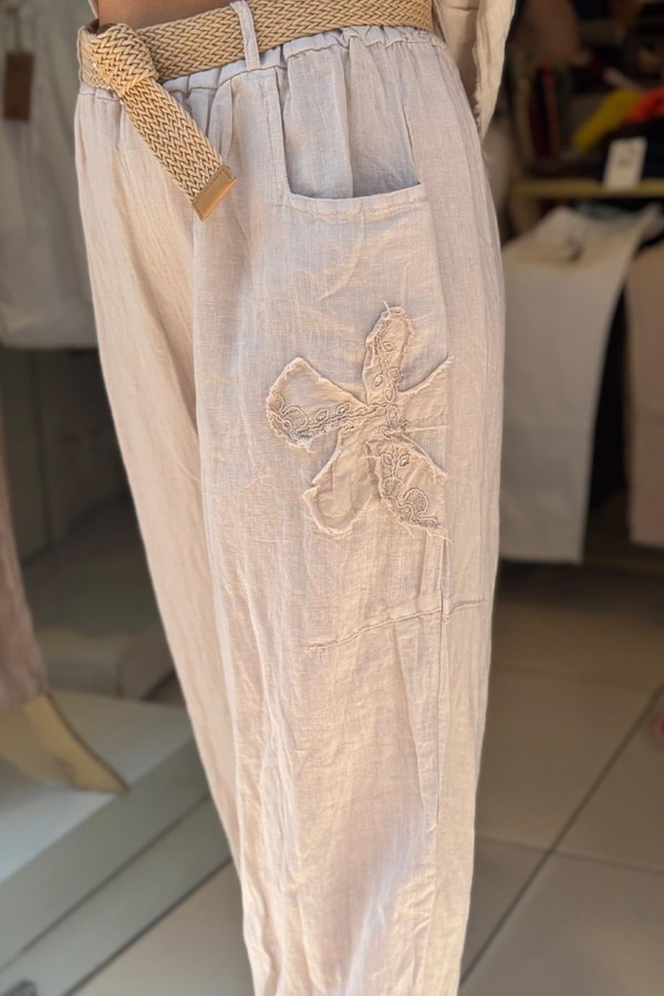 %100 Keten Kemerli İthal Pantolon