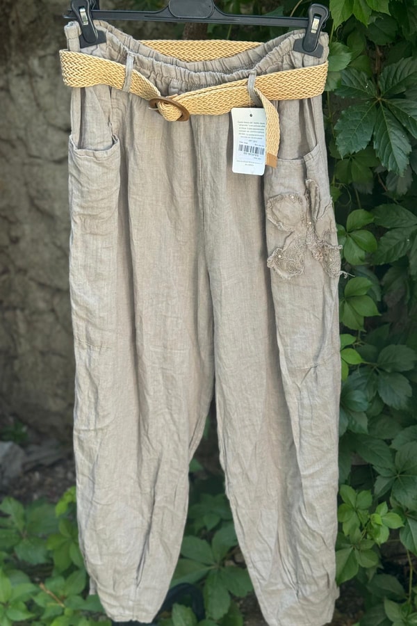 %100 Keten Kemerli İthal Pantolon