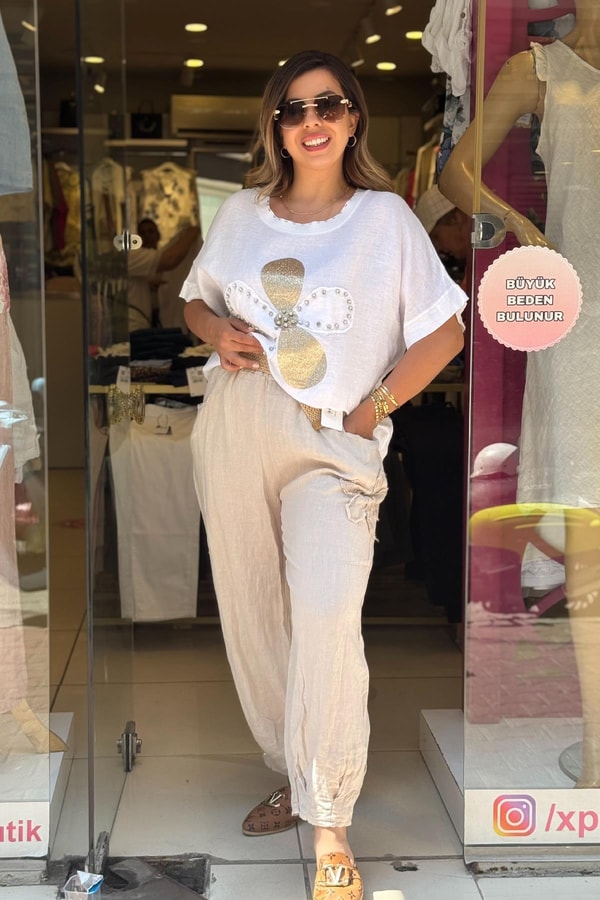 %100 Keten Kemerli İthal Pantolon