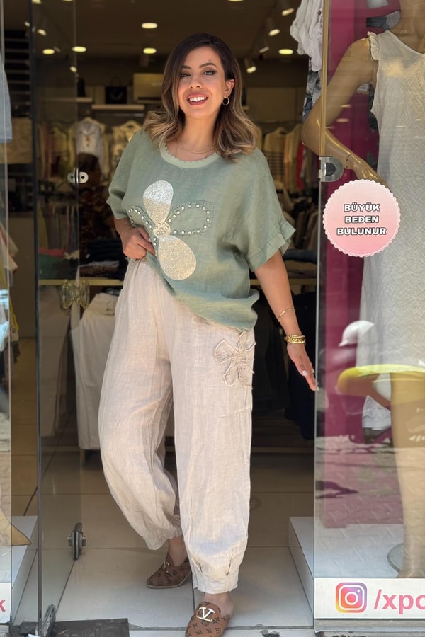 %100 Keten Kemerli İthal Pantolon