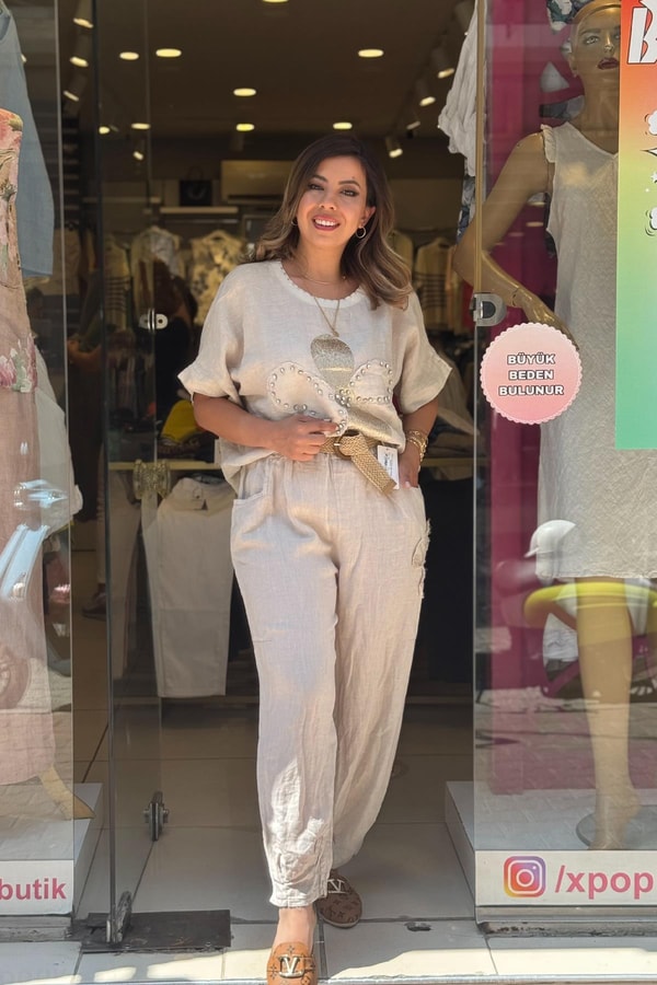 %100 Keten Kemerli İthal Pantolon