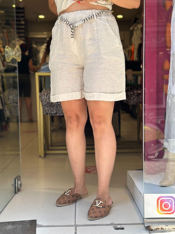 %100 Keten Kemerli Şort