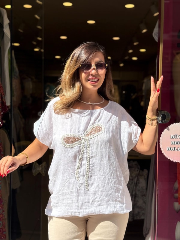 %100 Keten Kurdele Detaylı İthal Bluz