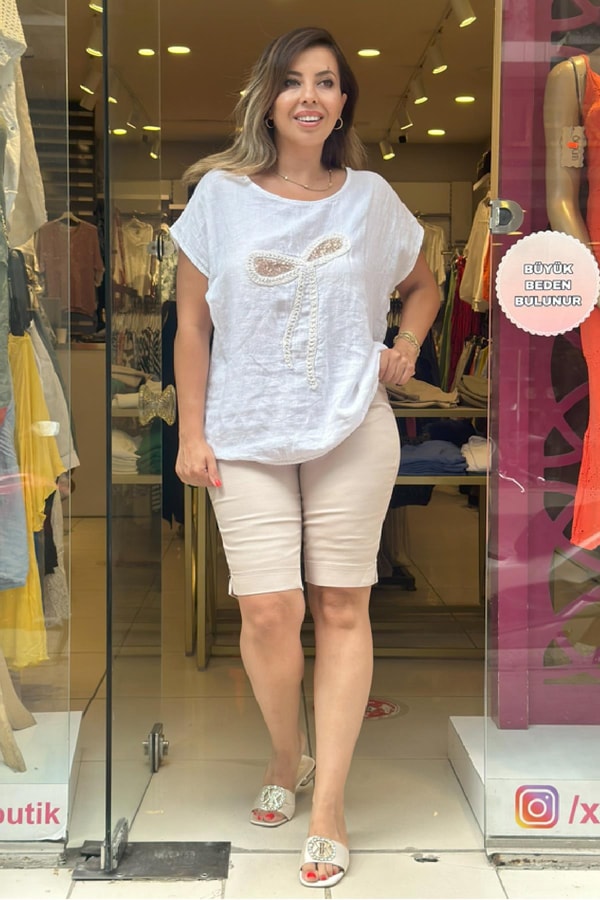 %100 Keten Kurdele Detaylı İthal Bluz