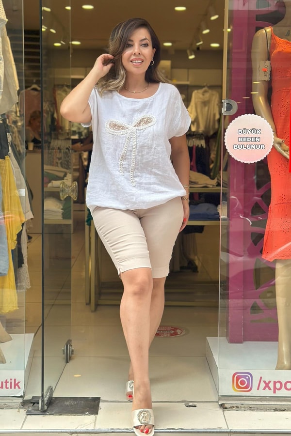 %100 Keten Kurdele Detaylı İthal Bluz