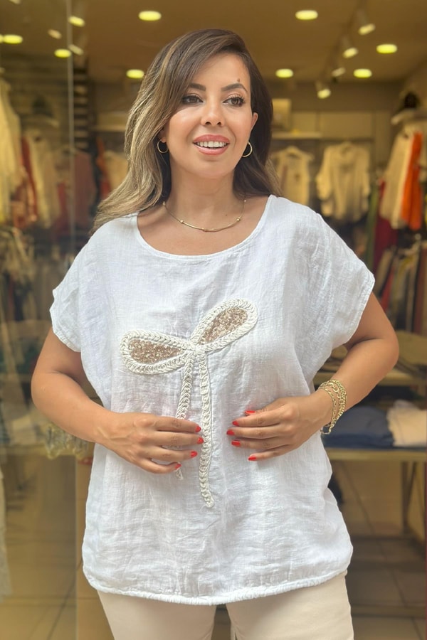 %100 Keten Kurdele Detaylı İthal Bluz
