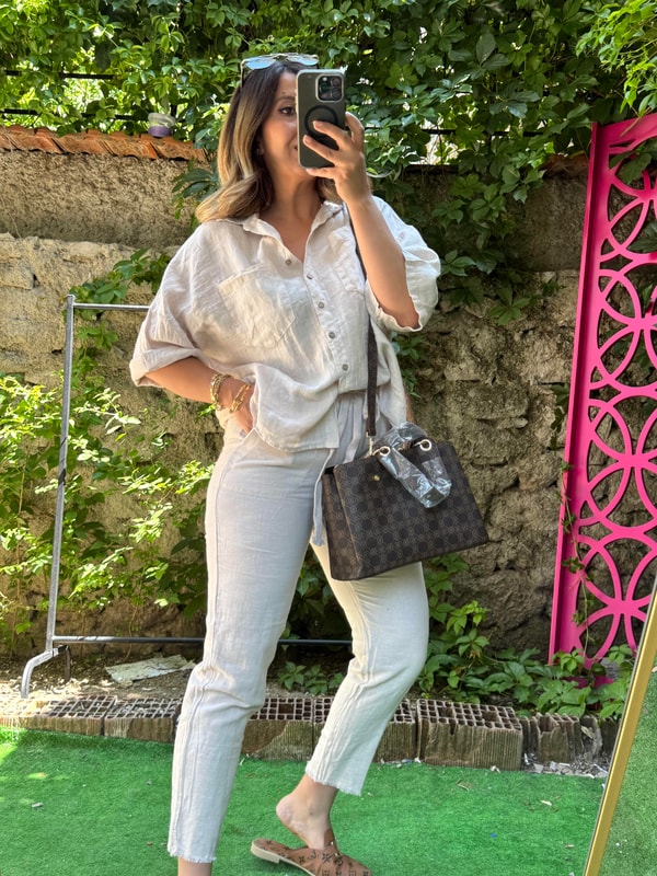 %100 Keten Paça Detaylı Pantolon Krem