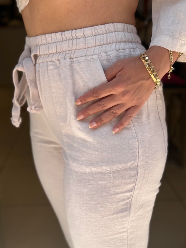 %100 Keten Paça Detaylı Pantolon Krem