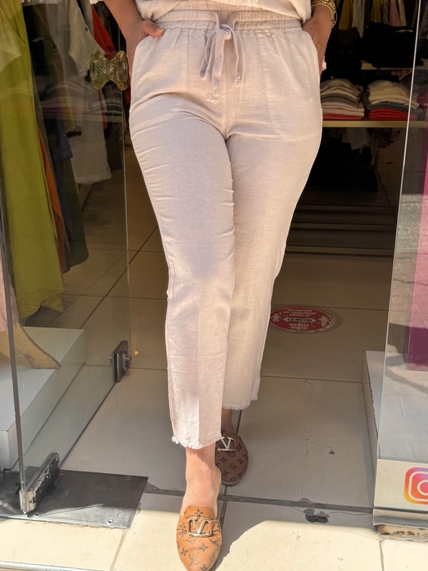 %100 Keten Paça Detaylı Pantolon Krem
