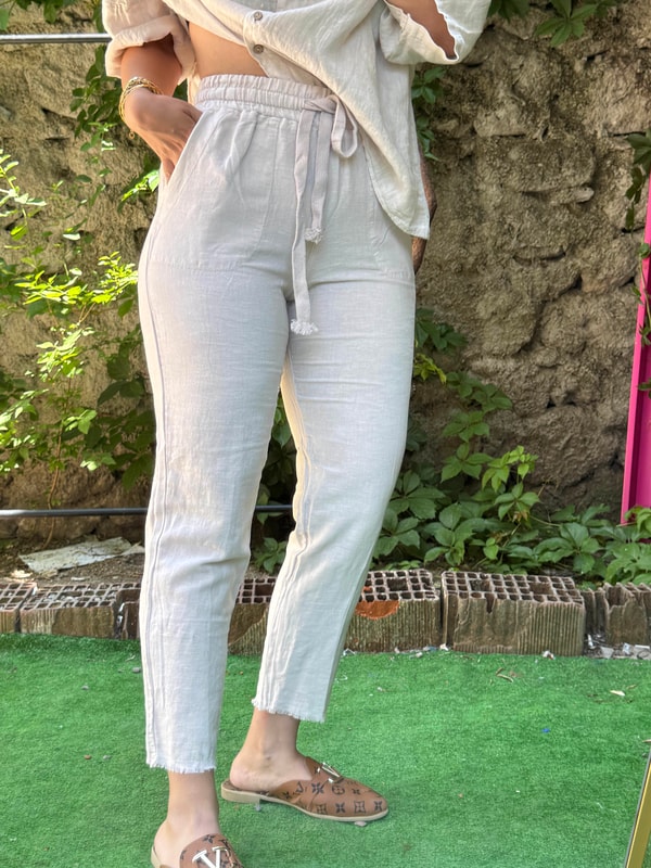 %100 Keten Paça Detaylı Pantolon Krem