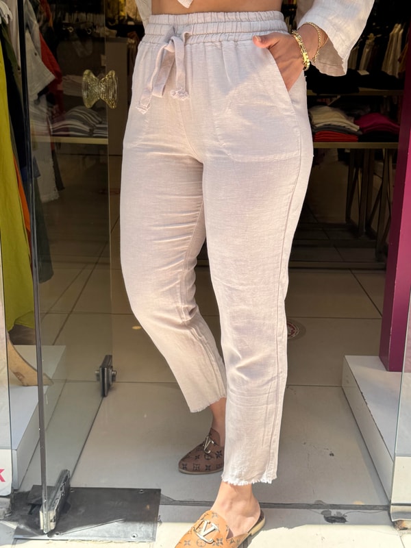 %100 Keten Paça Detaylı Pantolon Krem