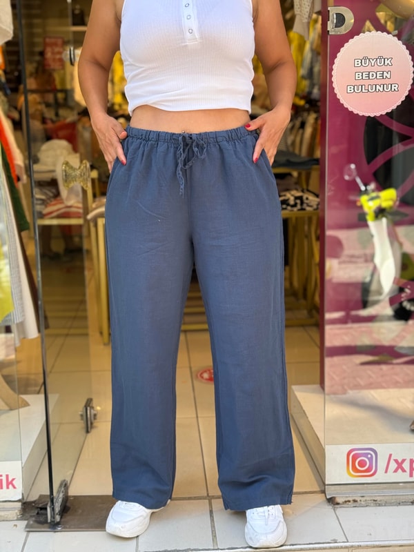 %100 Keten Palazzo Pantolon Lacivert