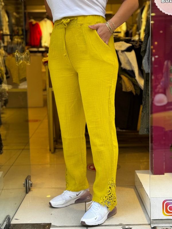 %100 Müslin Paça Nakışlı Pantolon Sarı