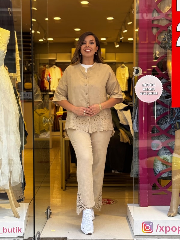 %100 Müslin Paça Nakışlı Pantolon Vizon