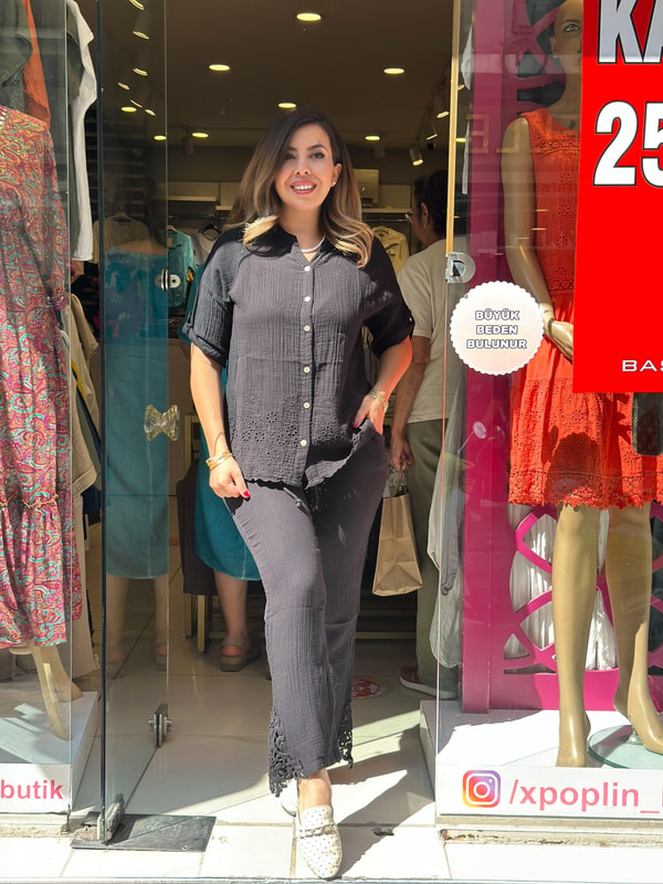 %100 Müslin Paça Nakışlı Kısa Kollu Takım Siyah