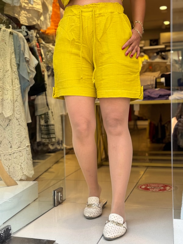 %100 Müslin Şortlu Takım Sarı