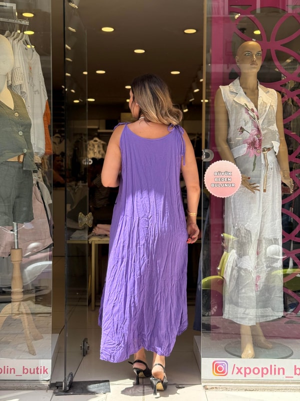 %100 Pamuk Ayarlanabilir İp Askılı Elbise Mor