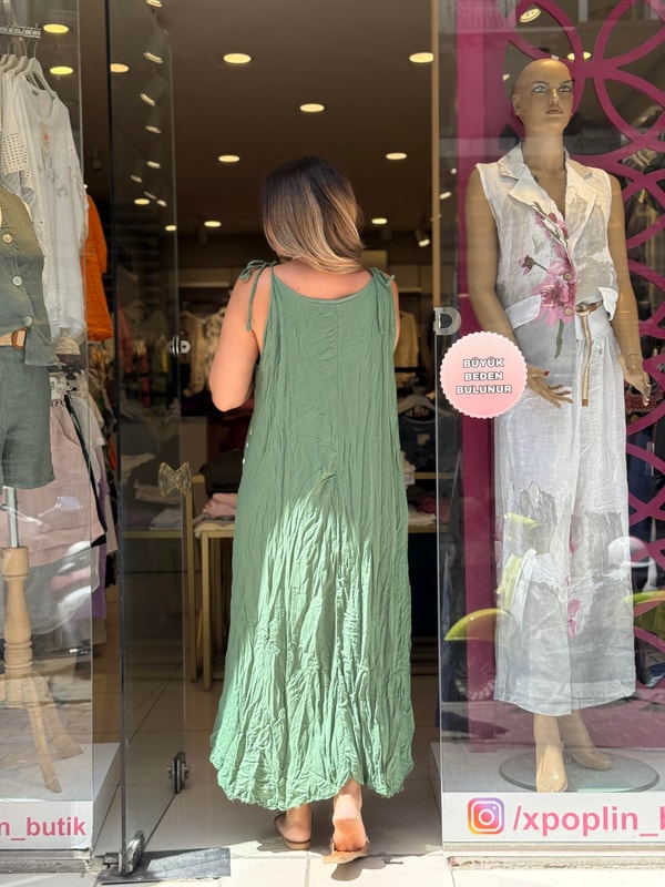 %100 Pamuk Ayarlanabilir İp Askılı Elbise Yeşil