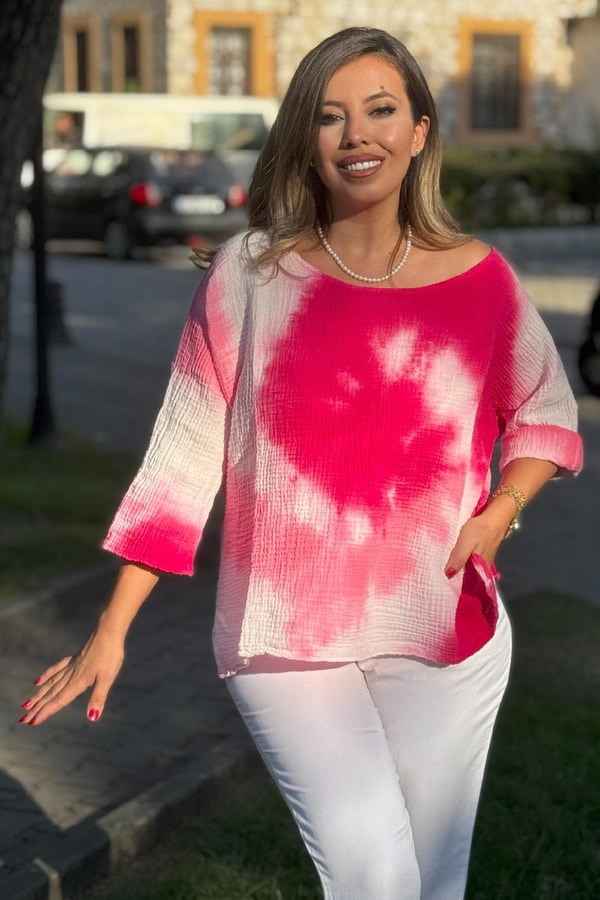 %100 Pamuk Batik Desenli Bluz Pembe